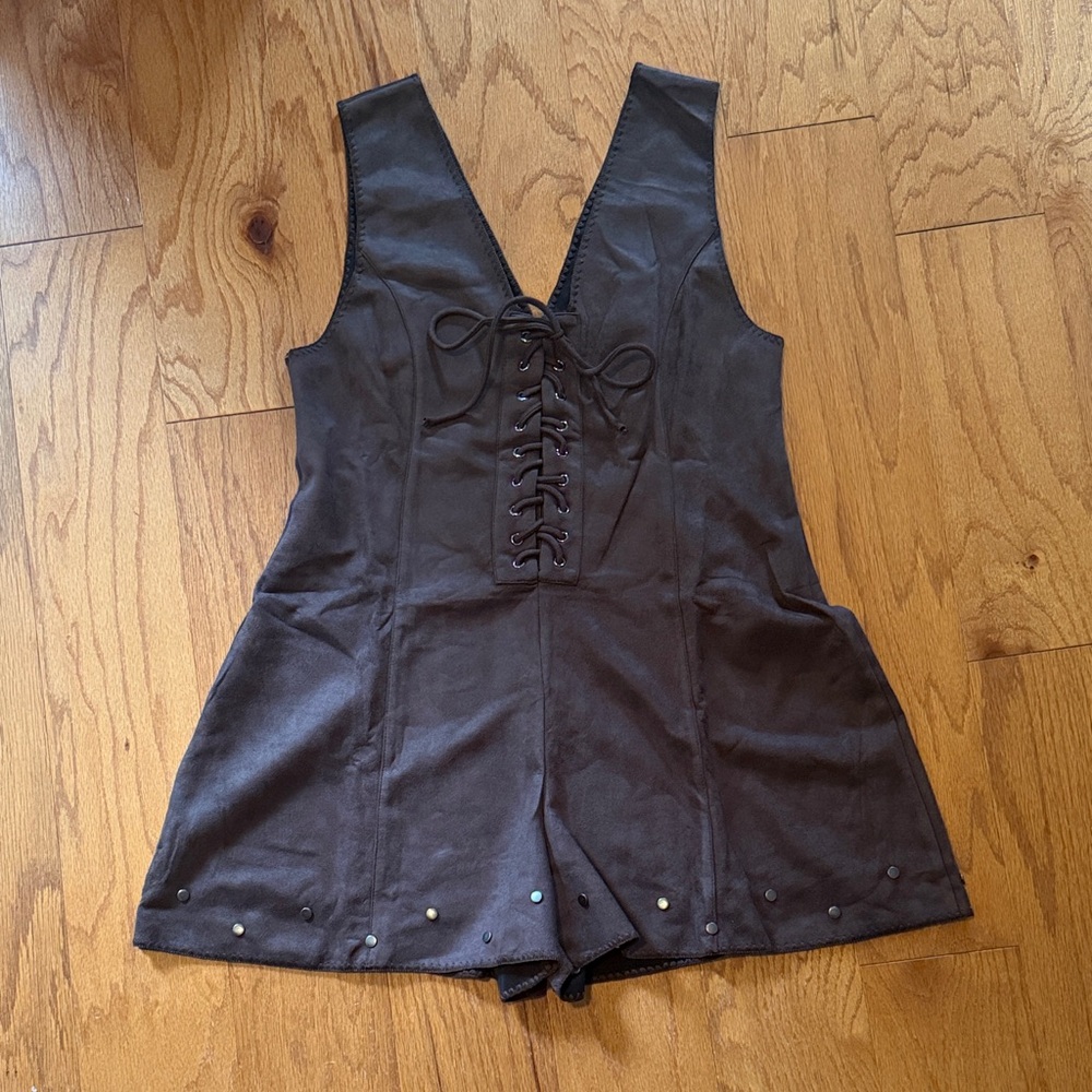 Elegant Brown Lace-Up Women's Romper